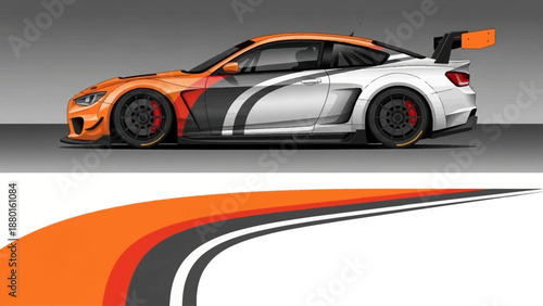 High speed orange and white race car with sleek aerodynamic design on track silhouette.