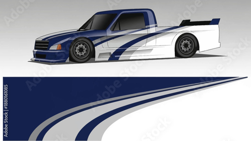 Blue and white race truck with sleek curved graphics and racing design.