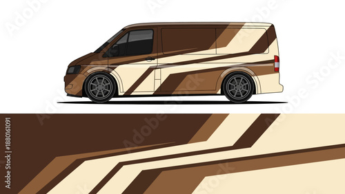 Descriptive retro camper van with brown and beige stripes and graphic graphics in a vintage design.