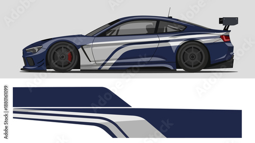 Sleek blue racecar silhouette featuring bold stripes and aerodynamic styling.