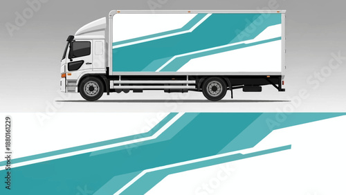 Teal and blue truck with bold graphic stripes on a white trailer side, showcasing modern vehicle branding.