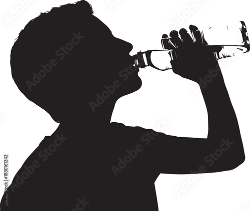 Silhouette profile of a person drinking water from a bottle. Hydration, health, and refreshment concept.