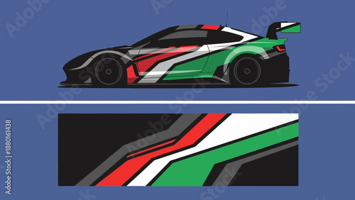 Stylized racing car with vibrant Italian flag livery on a blue background.