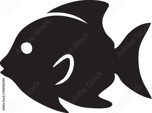 Cute cartoon vector illustration of a happy black fish silhouette and marine animal character swimming in the blue sea water among wildlife like sharks and dolphins