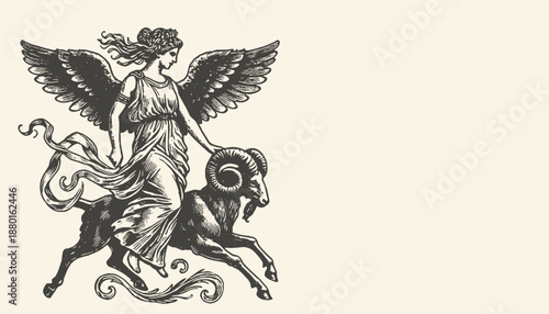 Vintage Engraving of a Winged Goddess Riding a Ram Mythological Woodcut Style Illustration of Aries Zodiac Symbol