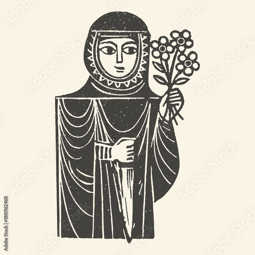 Medieval Woodcut Style Person in Robes Holding a Bouquet of Flowers Folk Art Illustration Religious or Nature Theme