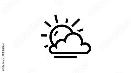 Partly Cloudy Weather Icon. Minimalist line art symbol showing sun peeking from behind a cloud. Forecast graphic element.