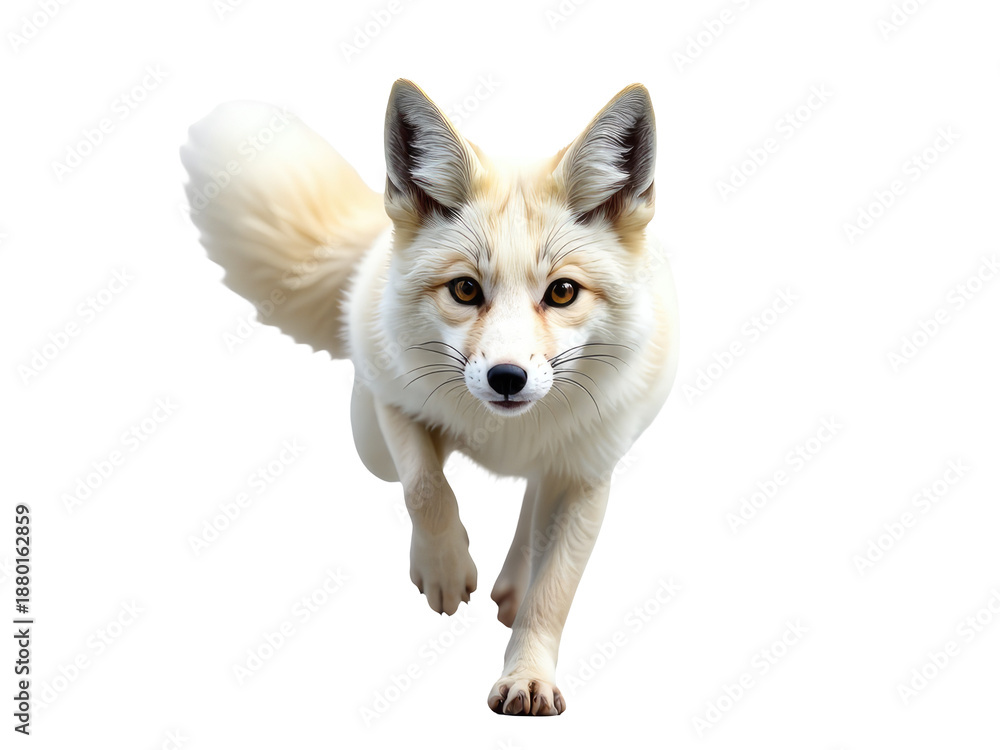 Fototapeta premium A white fox looking directly at the camera, its fur fluffy and soft-looking