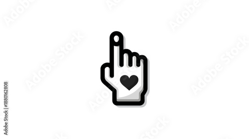 Hand cursor icon with heart symbol pointing up, digital click gesture for social media like and love buttons, user interface element
