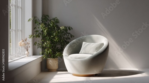 Modern living room with a large window on the left side. the window has white frames and is letting in natural light. on the right side of the window, there is a large potted plant with green leaves.