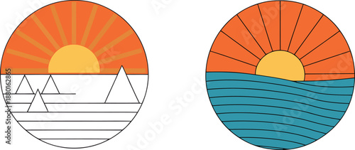 Nature travel icons set featuring sea waves sun and mountains for tourism and adventure branding vector