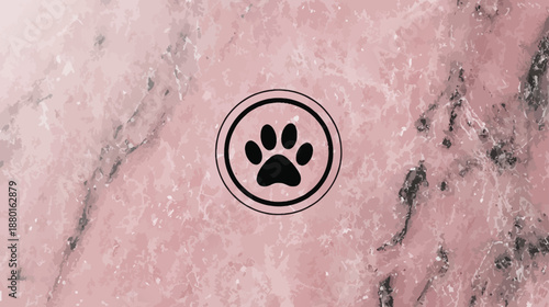 Elegant minimalist black paw print icon on a luxurious pink marble texture background. Pet care symbol and graphic design element.