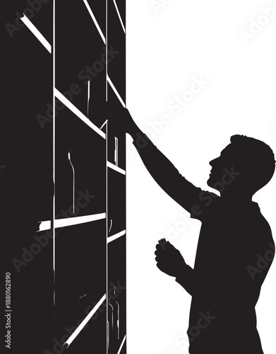 Silhouette of a man reaching up to take a book from a tall bookshelf in a library or office, searching for information or knowledge, isolated on white background.