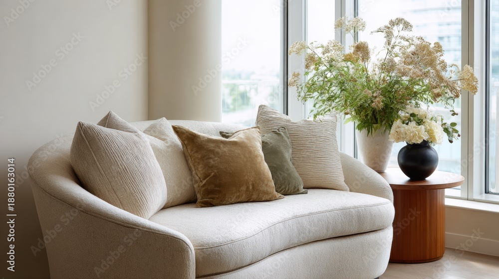 Fototapeta premium Living room with a large window on the right side. the window has white curtains and is letting in natural light.