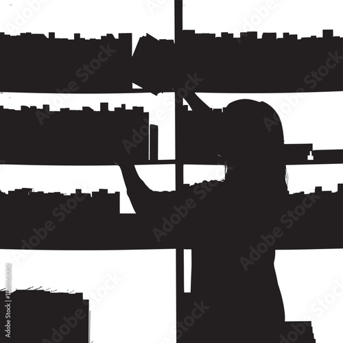 Silhouette of a young woman browsing a large library bookshelf, searching for a book to read or study, educational and literature concept, isolated on white background.