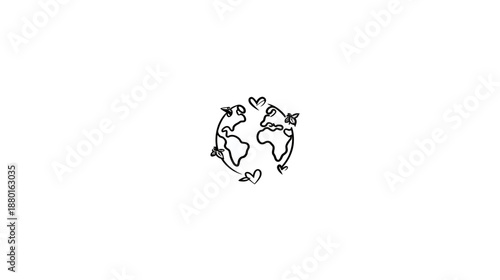 Hand-drawn Earth with hearts and arrows, symbolizing global connection, love, unity, and environmental care.