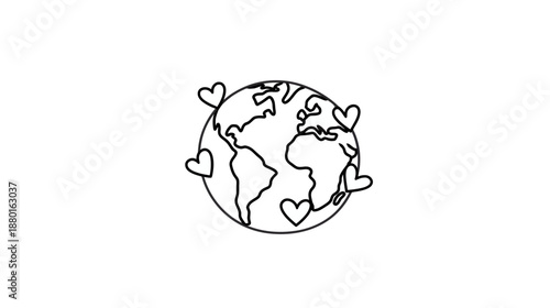 Minimalist black and white line art illustration of planet Earth surrounded by hearts, symbolizing global love, environmental care, peace, and unity.