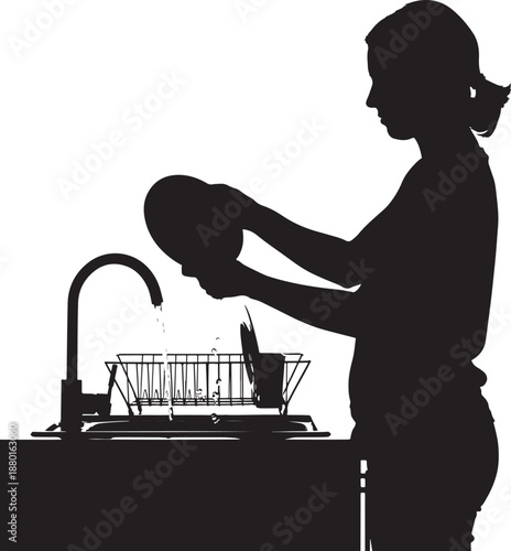 Silhouette of a woman doing housework, washing dishes at a kitchen sink with a faucet and drying rack, domestic chores and home lifestyle, isolated on white background.