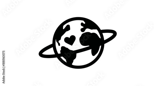 Black and white stylized globe icon with orbiting ring and heart symbol, representing global love, travel, earth connectivity, and care.