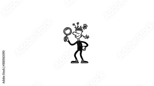 Whimsical cartoon character holding magnifying glass with plants on head, symbolizing exploration, growth, and discovery