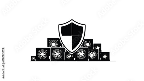 Shield protecting blocks with snowflake patterns, symbolizing security and protection in a conceptual abstract design