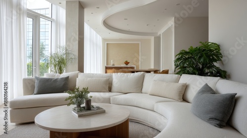 Modern living room with a large sectional sofa in the center. the sofa is beige in color and has several gray throw pillows on it.