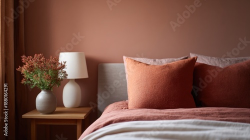 Bedroom with a bed in the center. the bed has a gray headboard and is covered with a pink blanket.