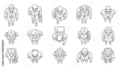 Vector Top View Walking Business People Set for Architectural Site Plans and Renderings