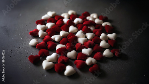 Red and white velvet hearts scattered on a dark textured surface