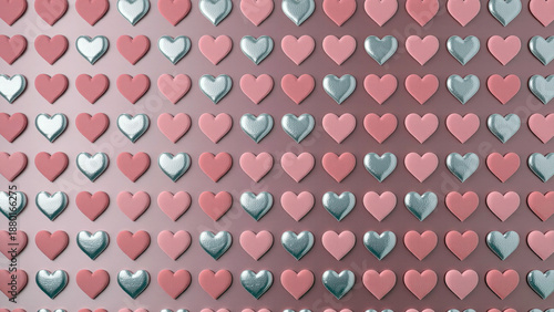Pink and silver hearts arranged on a soft pink gradient background