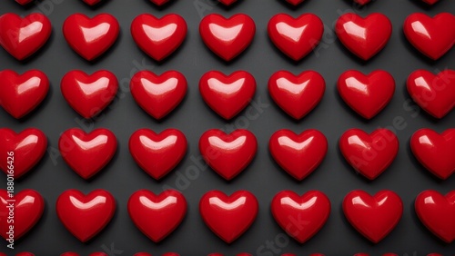 Glossy red hearts arranged in rows on a matte black background