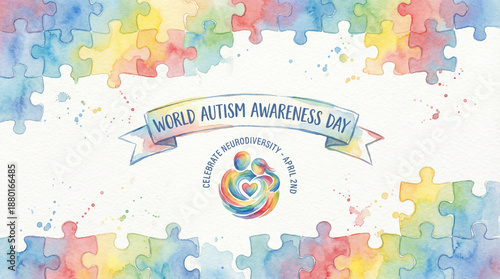 World Autism Awareness Day watercolor poster, puzzle pattern background, rainbow tones, clean composition, social awareness concept