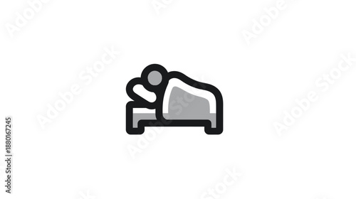 Minimalist grayscale icon of a person sleeping soundly in a bed under a blanket, symbolizing rest, relaxation, and bedtime.