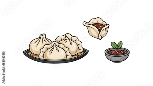 Traditional Chinese Steamed Dumplings with Dipping Sauce Illustration