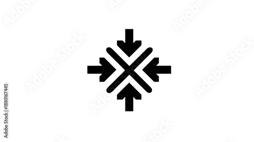 Converging arrows icon, black symbol of focus and centralization, abstract graphic for merge or target concept on white background