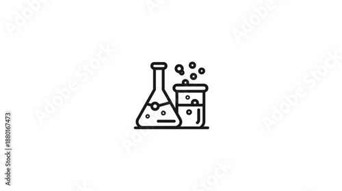 Line art icon of chemistry laboratory flasks with bubbling liquid, symbolizing scientific research, experiments, and chemical reactions.