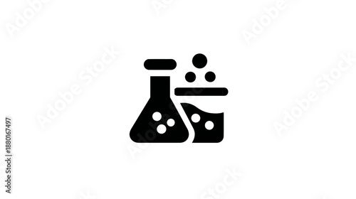 Scientific chemistry experiment icon with Erlenmeyer flask and beaker showing bubbling liquid, lab research and analysis symbol