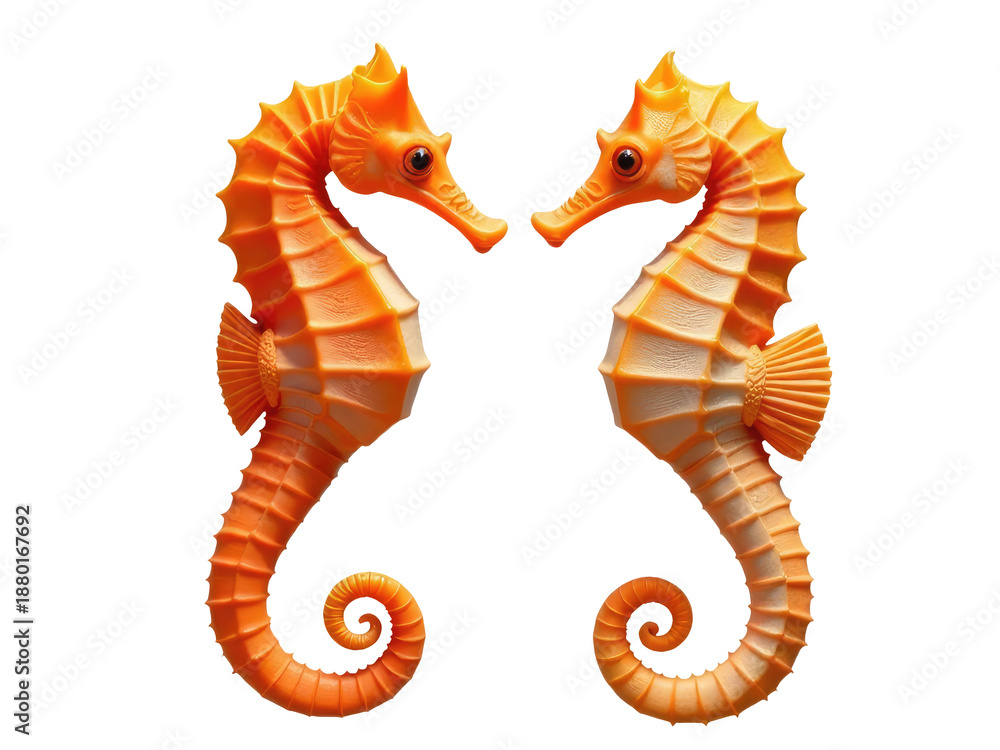 Fototapeta premium Two orange seahorses stand together in a calm sea