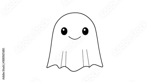 Adorable friendly cartoon ghost illustration, simple outline drawing on a clean white background, cheerful and cute Halloween character