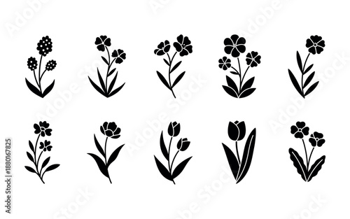 Floral Silhouette Flowers Line Art Vector Set for Botanical Decor Design