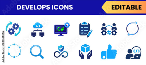 Editable Software Engineering Icons Set for Coding Process and Team Collaboration