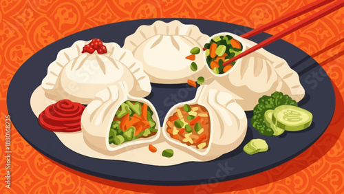 Delicious Chinese Dumplings and Dim Sum Platter Illustration