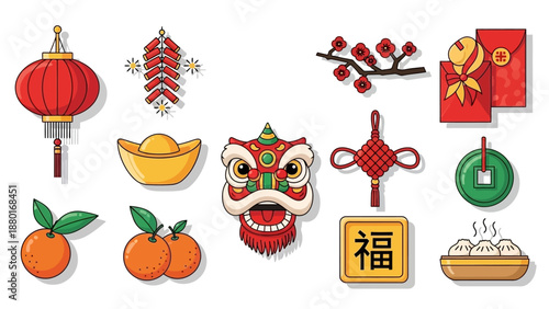 Flat Design Icon Set of Traditional Chinese New Year Elements