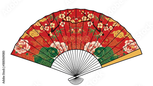 Decorative Chinese Folding Fan with Koi and Flowers