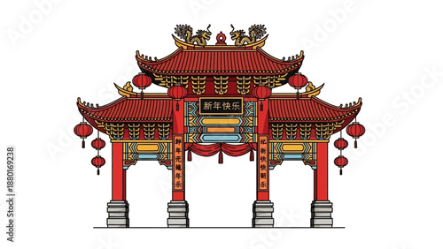 Grand Chinese Archway Paifang with New Year Lanterns