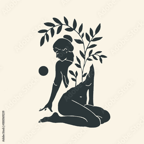 Minimalist Bohemian Illustration of a Woman Silhouette with Growing Botanical Leaves and a Celestial Circle in Black and White Linocut Style