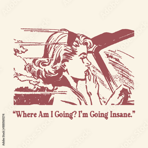 Retro Mid-Century Comic Book Illustration of a Distressed Woman Driving a Car with Emotional Text About Mental State