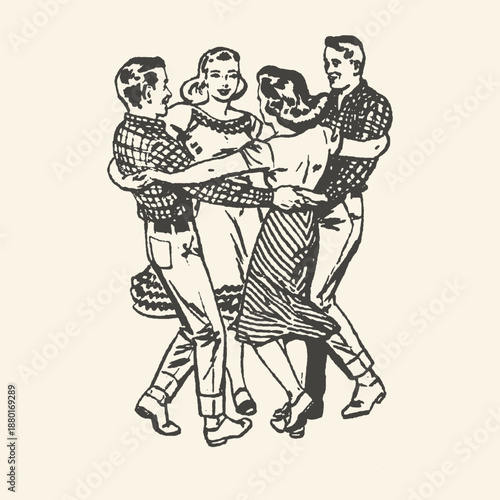 Vintage Retro Illustration of Two Happy Couples Square Dancing and Celebrating in a Social Gathering