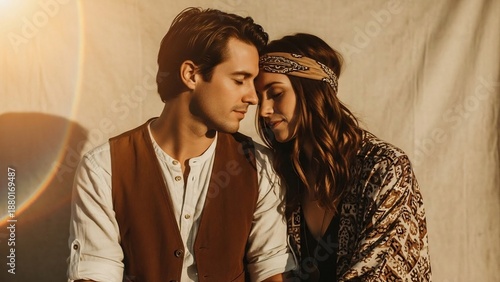 Bohemian couple sharing a tender, intimate moment, ideal for Valentine's Day, wedding announcements, anniversary greetings, or lifestyle content on love, connection, and wellbeing.