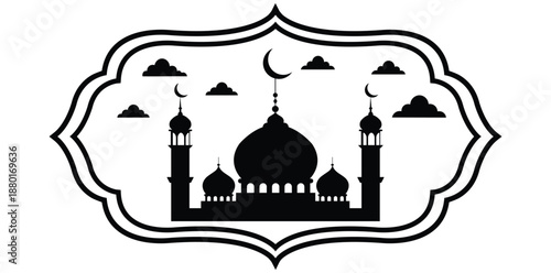 Black and white mosque with domes and minarets in a decorative frame silhouette